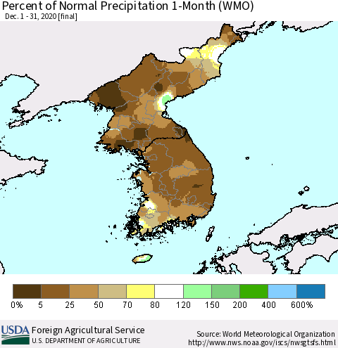 Korea Percent of Normal Precipitation 1-Month (WMO) Thematic Map For 12/1/2020 - 12/31/2020