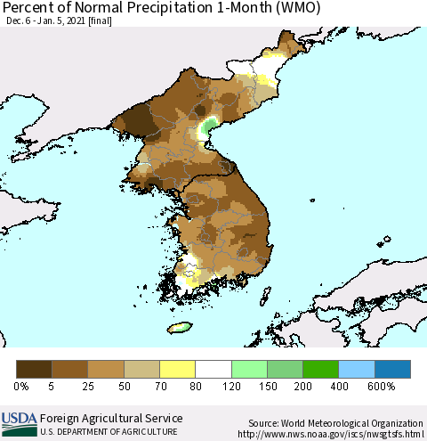 Korea Percent of Normal Precipitation 1-Month (WMO) Thematic Map For 12/6/2020 - 1/5/2021