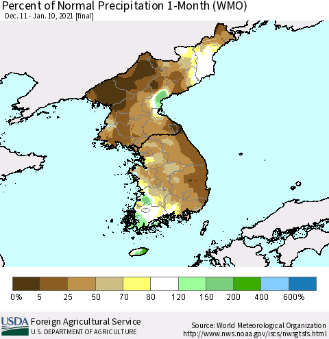 Korea Percent of Normal Precipitation 1-Month (WMO) Thematic Map For 12/11/2020 - 1/10/2021