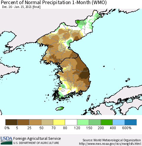 Korea Percent of Normal Precipitation 1-Month (WMO) Thematic Map For 12/16/2020 - 1/15/2021