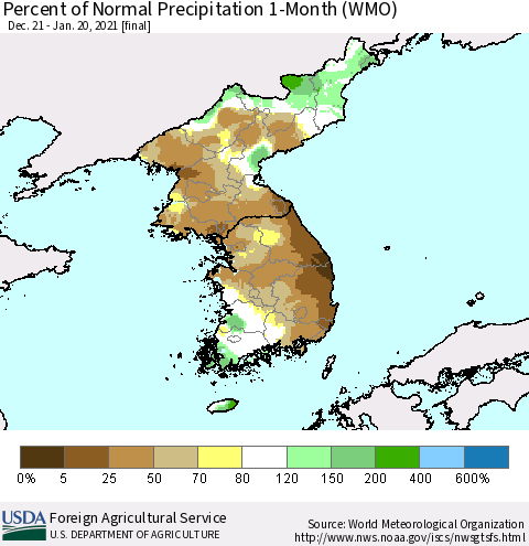 Korea Percent of Normal Precipitation 1-Month (WMO) Thematic Map For 12/21/2020 - 1/20/2021