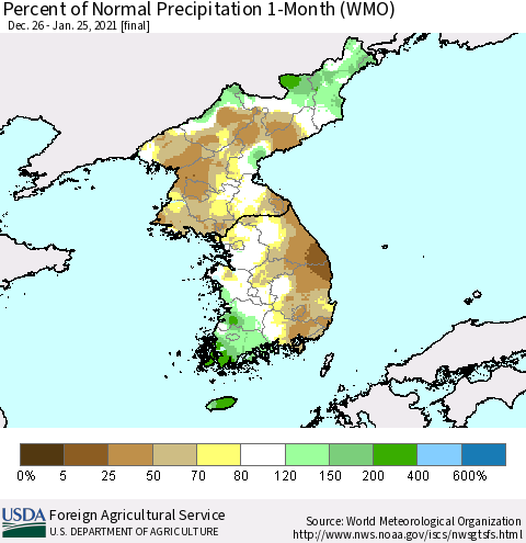 Korea Percent of Normal Precipitation 1-Month (WMO) Thematic Map For 12/26/2020 - 1/25/2021