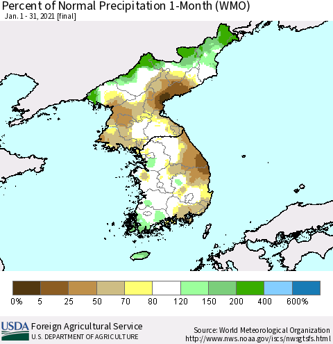 Korea Percent of Normal Precipitation 1-Month (WMO) Thematic Map For 1/1/2021 - 1/31/2021