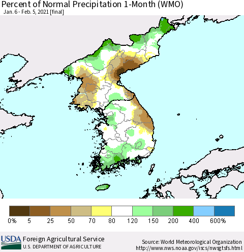 Korea Percent of Normal Precipitation 1-Month (WMO) Thematic Map For 1/6/2021 - 2/5/2021