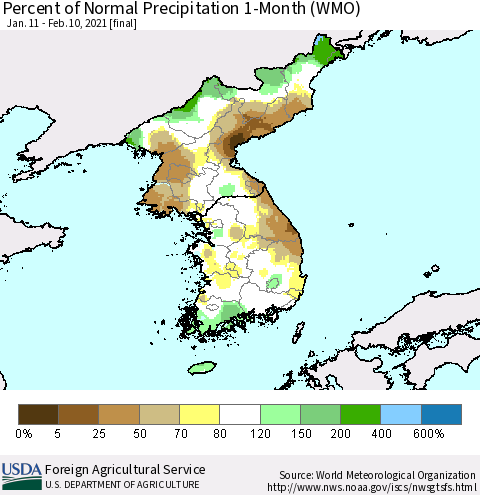 Korea Percent of Normal Precipitation 1-Month (WMO) Thematic Map For 1/11/2021 - 2/10/2021