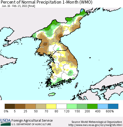 Korea Percent of Normal Precipitation 1-Month (WMO) Thematic Map For 1/16/2021 - 2/15/2021