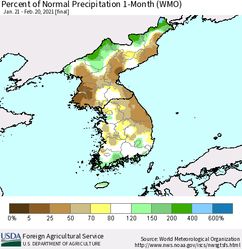 Korea Percent of Normal Precipitation 1-Month (WMO) Thematic Map For 1/21/2021 - 2/20/2021