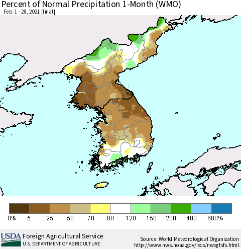 Korea Percent of Normal Precipitation 1-Month (WMO) Thematic Map For 2/1/2021 - 2/28/2021