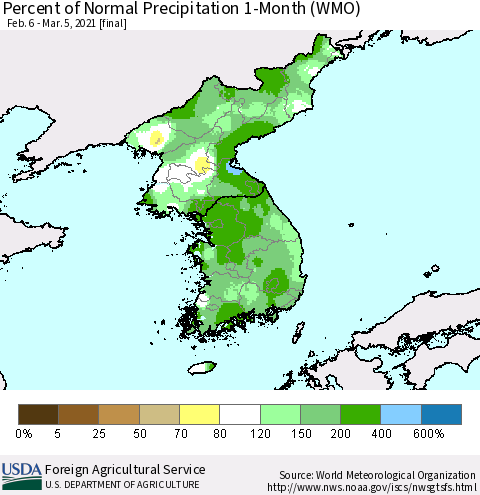 Korea Percent of Normal Precipitation 1-Month (WMO) Thematic Map For 2/6/2021 - 3/5/2021