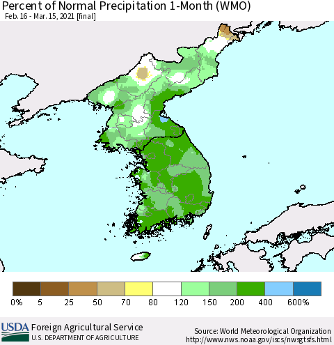 Korea Percent of Normal Precipitation 1-Month (WMO) Thematic Map For 2/16/2021 - 3/15/2021