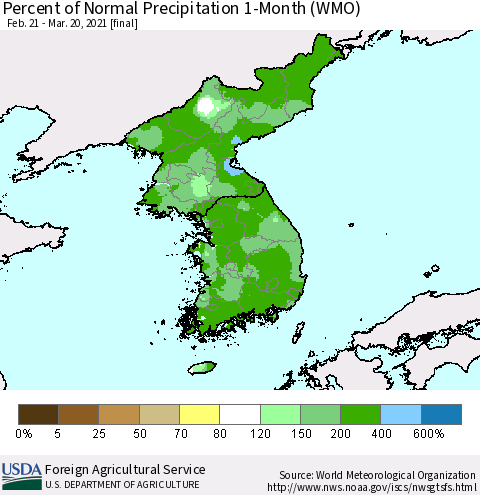 Korea Percent of Normal Precipitation 1-Month (WMO) Thematic Map For 2/21/2021 - 3/20/2021