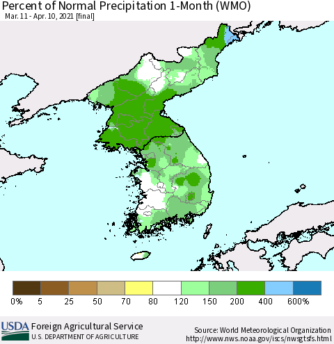Korea Percent of Normal Precipitation 1-Month (WMO) Thematic Map For 3/11/2021 - 4/10/2021
