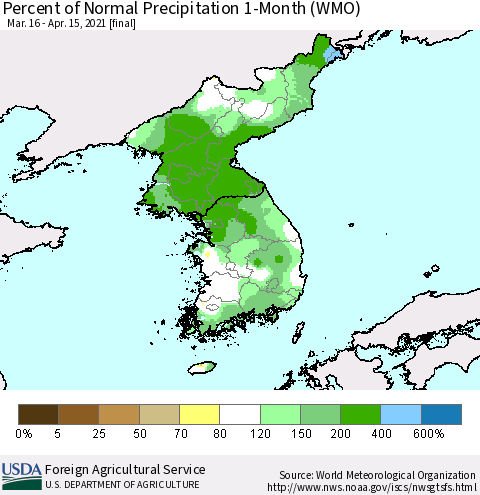 Korea Percent of Normal Precipitation 1-Month (WMO) Thematic Map For 3/16/2021 - 4/15/2021