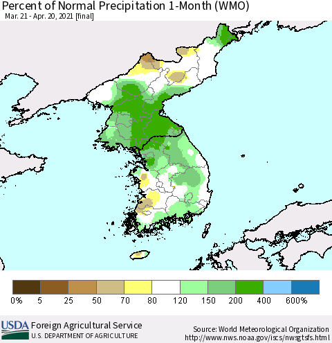 Korea Percent of Normal Precipitation 1-Month (WMO) Thematic Map For 3/21/2021 - 4/20/2021