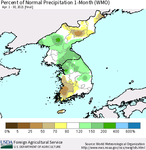 Korea Percent of Normal Precipitation 1-Month (WMO) Thematic Map For 4/1/2021 - 4/30/2021