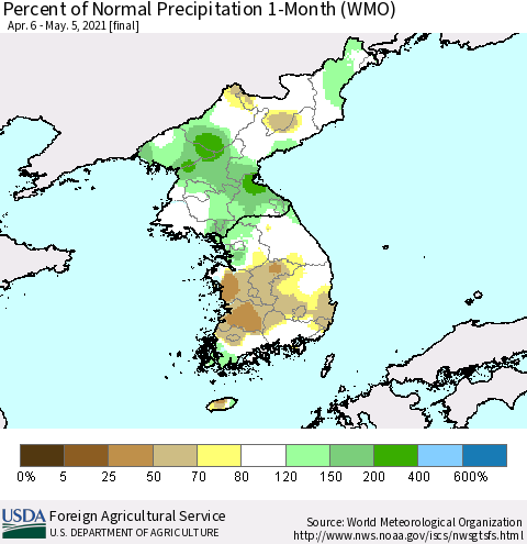 Korea Percent of Normal Precipitation 1-Month (WMO) Thematic Map For 4/6/2021 - 5/5/2021