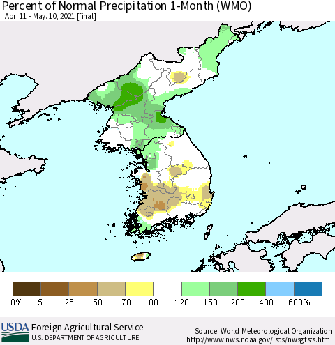 Korea Percent of Normal Precipitation 1-Month (WMO) Thematic Map For 4/11/2021 - 5/10/2021