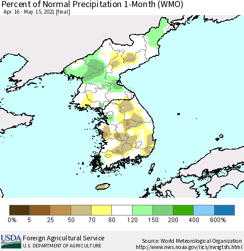 Korea Percent of Normal Precipitation 1-Month (WMO) Thematic Map For 4/16/2021 - 5/15/2021