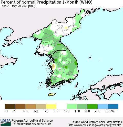 Korea Percent of Normal Precipitation 1-Month (WMO) Thematic Map For 4/21/2021 - 5/20/2021