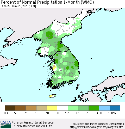 Korea Percent of Normal Precipitation 1-Month (WMO) Thematic Map For 4/26/2021 - 5/25/2021