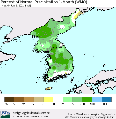 Korea Percent of Normal Precipitation 1-Month (WMO) Thematic Map For 5/6/2021 - 6/5/2021
