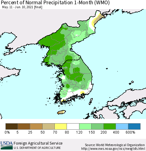 Korea Percent of Normal Precipitation 1-Month (WMO) Thematic Map For 5/11/2021 - 6/10/2021