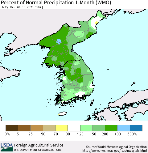 Korea Percent of Normal Precipitation 1-Month (WMO) Thematic Map For 5/16/2021 - 6/15/2021