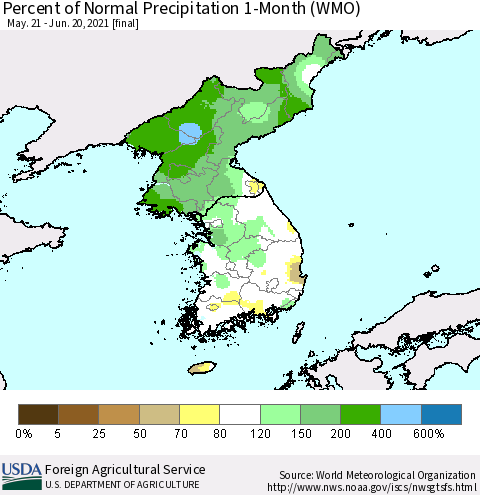 Korea Percent of Normal Precipitation 1-Month (WMO) Thematic Map For 5/21/2021 - 6/20/2021