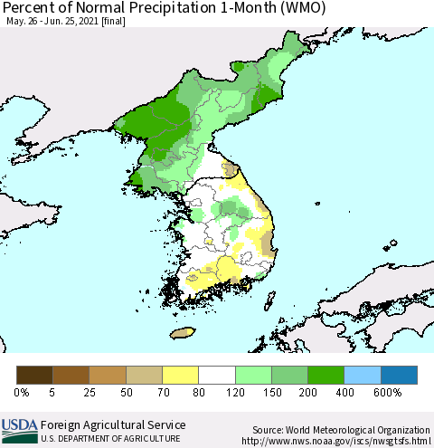 Korea Percent of Normal Precipitation 1-Month (WMO) Thematic Map For 5/26/2021 - 6/25/2021