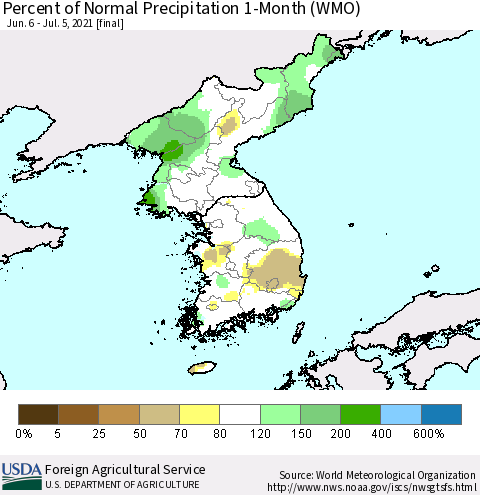 Korea Percent of Normal Precipitation 1-Month (WMO) Thematic Map For 6/6/2021 - 7/5/2021