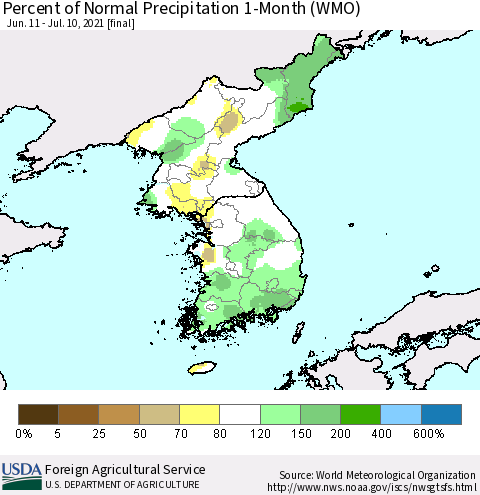 Korea Percent of Normal Precipitation 1-Month (WMO) Thematic Map For 6/11/2021 - 7/10/2021