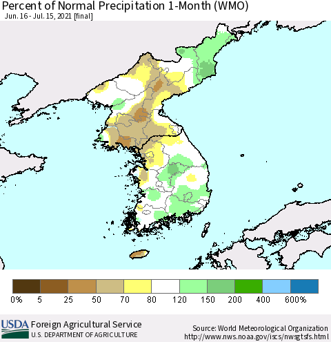 Korea Percent of Normal Precipitation 1-Month (WMO) Thematic Map For 6/16/2021 - 7/15/2021