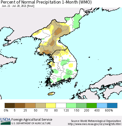 Korea Percent of Normal Precipitation 1-Month (WMO) Thematic Map For 6/21/2021 - 7/20/2021