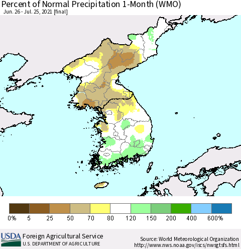 Korea Percent of Normal Precipitation 1-Month (WMO) Thematic Map For 6/26/2021 - 7/25/2021