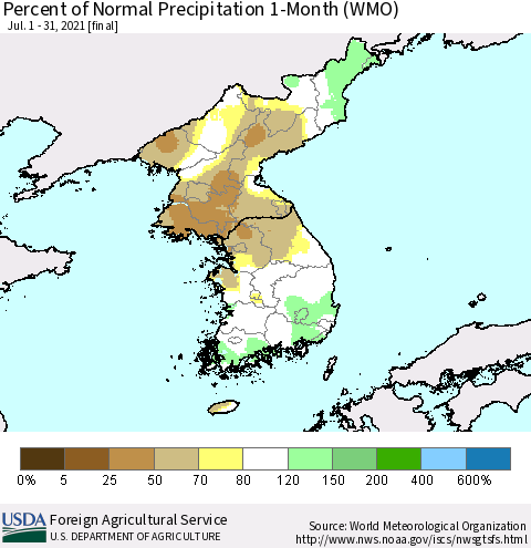 Korea Percent of Normal Precipitation 1-Month (WMO) Thematic Map For 7/1/2021 - 7/31/2021