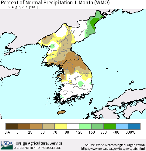 Korea Percent of Normal Precipitation 1-Month (WMO) Thematic Map For 7/6/2021 - 8/5/2021