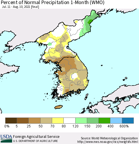 Korea Percent of Normal Precipitation 1-Month (WMO) Thematic Map For 7/11/2021 - 8/10/2021