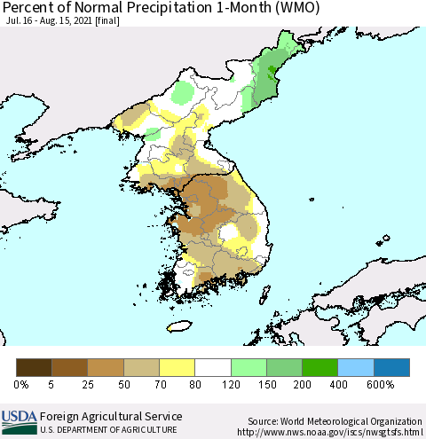 Korea Percent of Normal Precipitation 1-Month (WMO) Thematic Map For 7/16/2021 - 8/15/2021