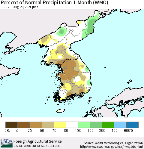 Korea Percent of Normal Precipitation 1-Month (WMO) Thematic Map For 7/21/2021 - 8/20/2021