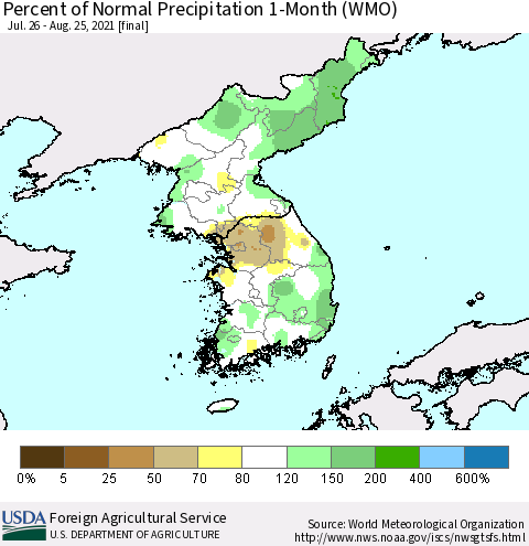 Korea Percent of Normal Precipitation 1-Month (WMO) Thematic Map For 7/26/2021 - 8/25/2021