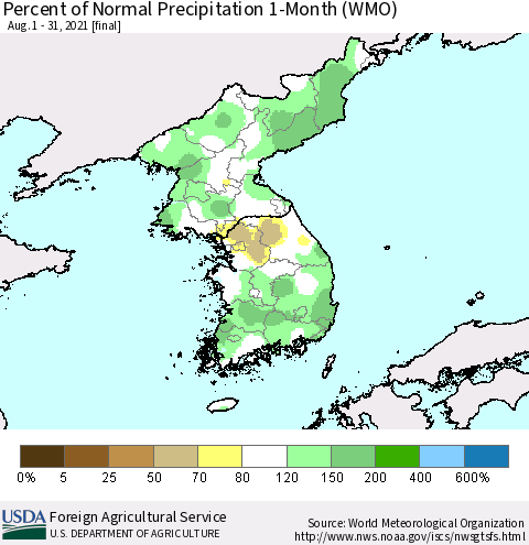 Korea Percent of Normal Precipitation 1-Month (WMO) Thematic Map For 8/1/2021 - 8/31/2021