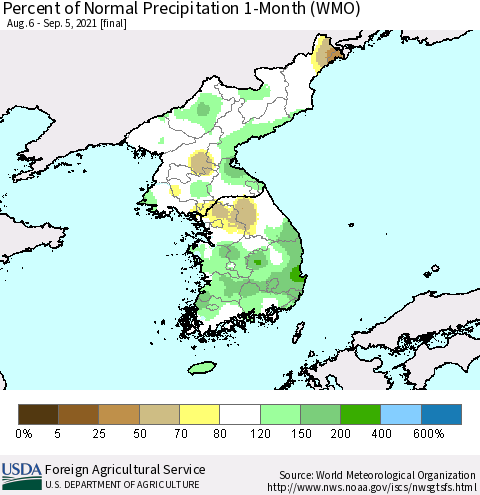 Korea Percent of Normal Precipitation 1-Month (WMO) Thematic Map For 8/6/2021 - 9/5/2021