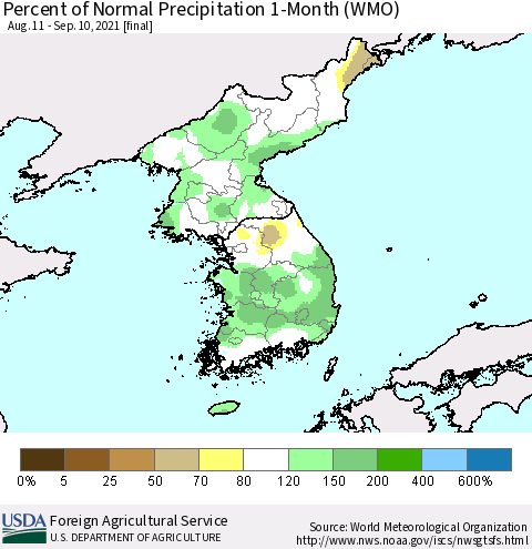 Korea Percent of Normal Precipitation 1-Month (WMO) Thematic Map For 8/11/2021 - 9/10/2021