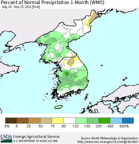 Korea Percent of Normal Precipitation 1-Month (WMO) Thematic Map For 8/16/2021 - 9/15/2021