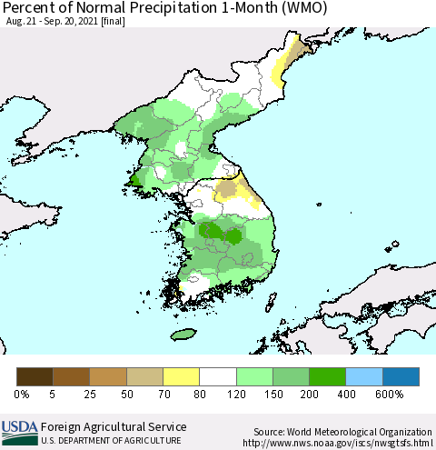 Korea Percent of Normal Precipitation 1-Month (WMO) Thematic Map For 8/21/2021 - 9/20/2021