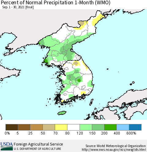 Korea Percent of Normal Precipitation 1-Month (WMO) Thematic Map For 9/1/2021 - 9/30/2021