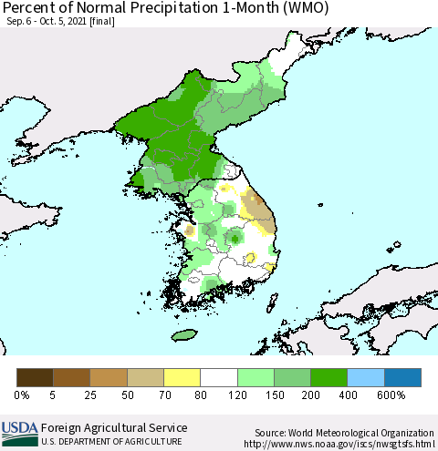 Korea Percent of Normal Precipitation 1-Month (WMO) Thematic Map For 9/6/2021 - 10/5/2021