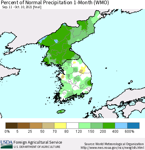 Korea Percent of Normal Precipitation 1-Month (WMO) Thematic Map For 9/11/2021 - 10/10/2021