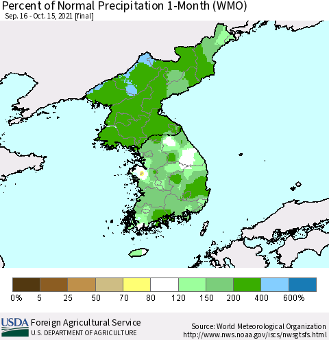 Korea Percent of Normal Precipitation 1-Month (WMO) Thematic Map For 9/16/2021 - 10/15/2021