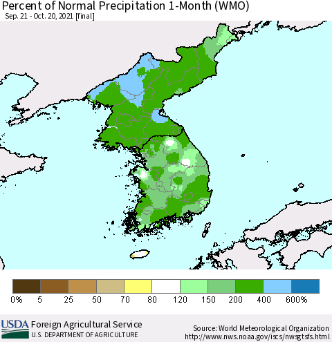 Korea Percent of Normal Precipitation 1-Month (WMO) Thematic Map For 9/21/2021 - 10/20/2021
